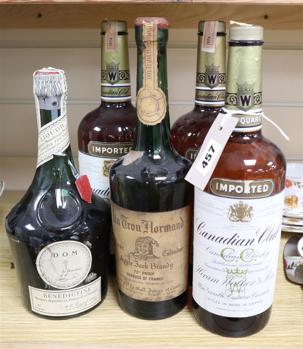 Three bottles of Canadian Club, Apple Jack Brandy and Dom Benedictine (5)